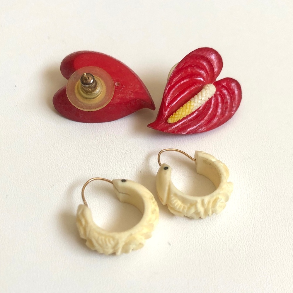 Vintage Carved Ivory Bone Earrings